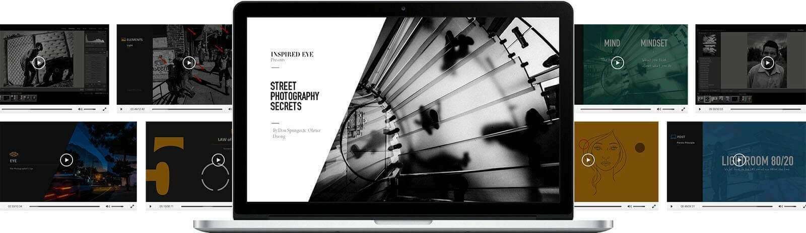 Street photography course videos on laptop, tablet and phone