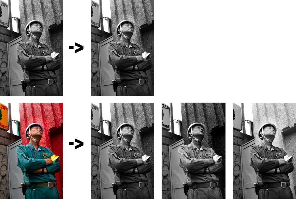 Comparison of a color photo of a man in a green shirt in front of a red background in Osaka with several black and white versions where the red and green are converted to different grays
