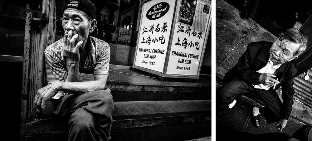 Two black and white candid photos from New York: an older man smoking on a step beside a dim sum sign, and a man in a suit leaning back
