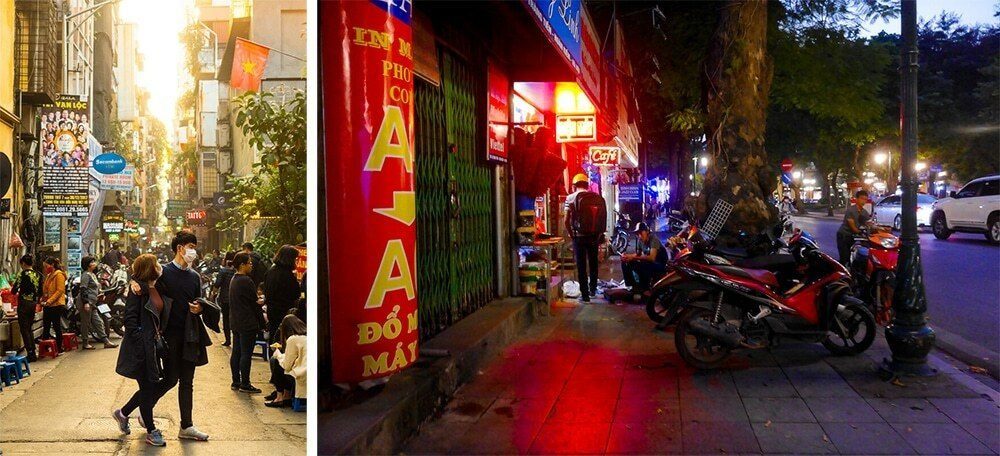 Two street photos from Hanoi side by side: a daytime street with a warm overall cast, and a night scene lit by a red pillar and a neon sign