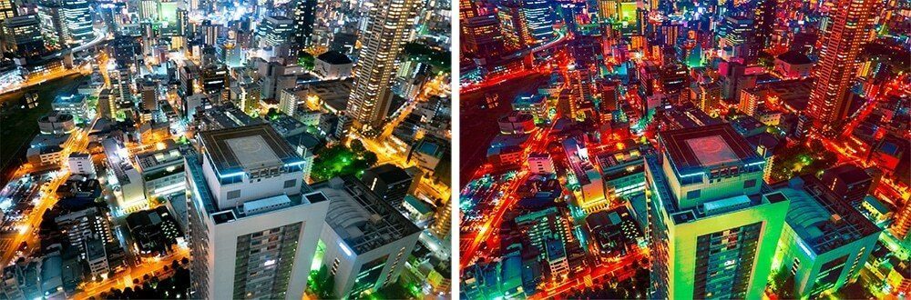 Two versions of an aerial night photo of Osaka buildings: one with natural colors and one with pushed, saturated red and green tones