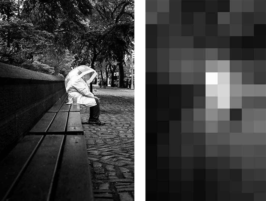 Street photo of a figure on a bench beside a pixelated version showing the brightest area where the eye lands