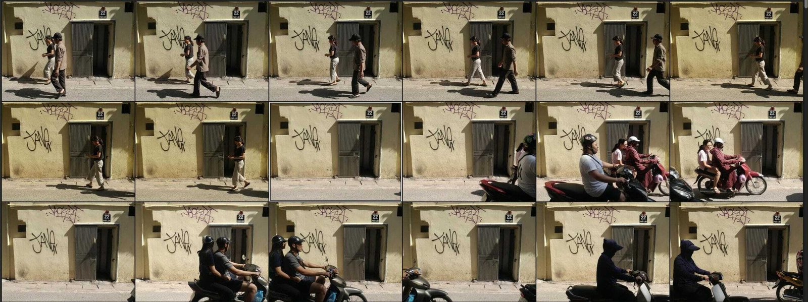 Contact sheet of a street corner photographed repeatedly as different people walk through the same frame