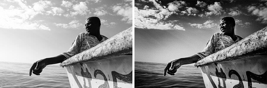 Before and after of a black and white photo of a man leaning on a boat railing by the sea: the before is flat and gray, the after has deep blacks and a bright sky