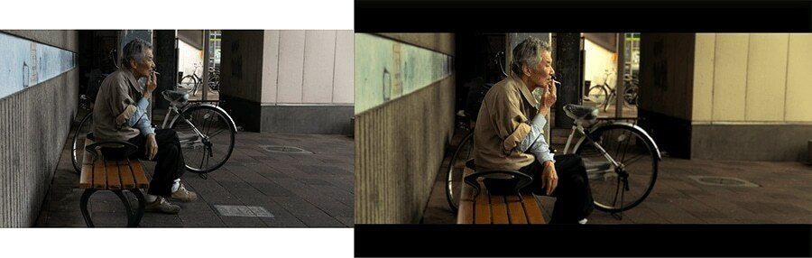 Before and after of an old man sitting on a bench next to a bicycle: flat colors on the left, a warm cinematic color grade with a letterbox on the right