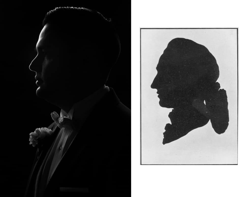 A groom in profile lit from the side against a black background, next to a paper silhouette cutout of a man in profile