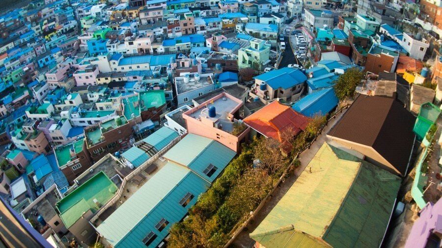 Colorful hillside houses of Gamcheon village in Busan seen from above, packed tightly together