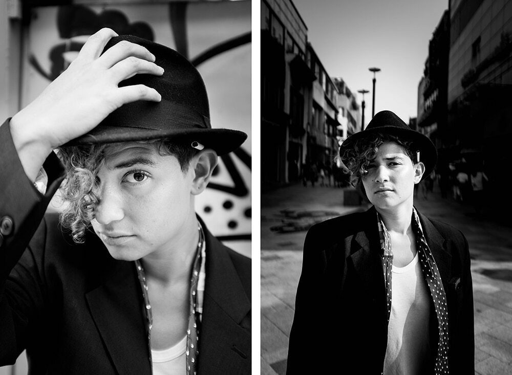 Two black and white portraits of the same young woman in a hat, one in soft shade and one in hard sunlight on the street