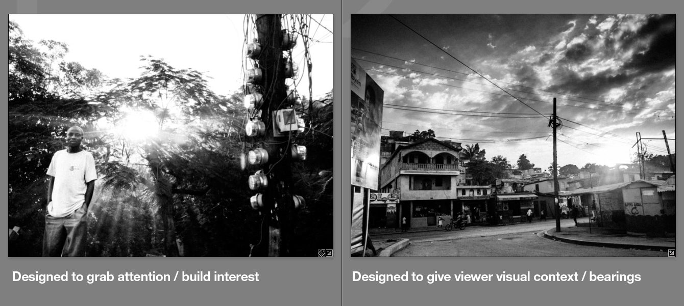 Two black and white photos from Haiti side by side, labelled as the attention-grabbing opener and the scene-setting context image