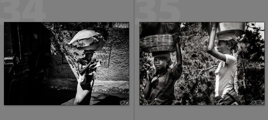 Two facing magazine pages with black and white photos from Haiti, one showing one person carrying a load on their head and the next showing two