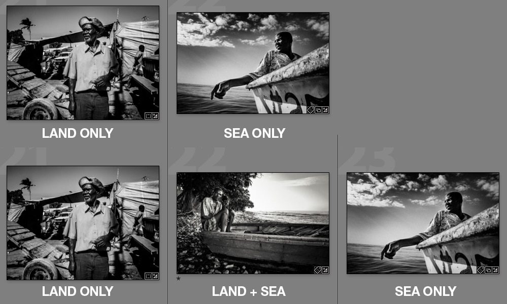 Five black and white thumbnails from Haiti labelled land only, sea only, and land plus sea to show a transition image