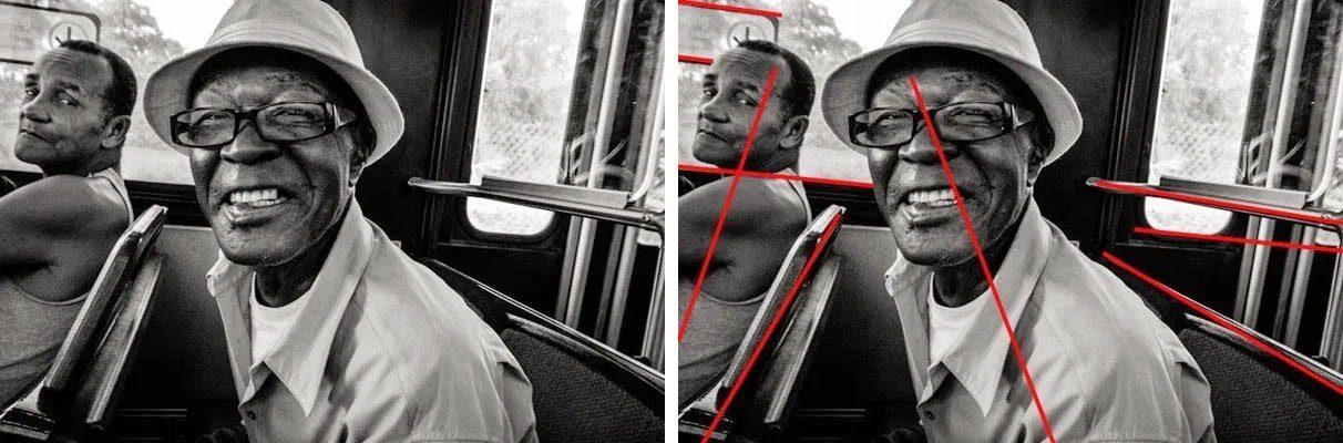 Two copies of a black and white photo of a smiling older man in a hat on a bus, the second with red lines traced over the seats and window frames