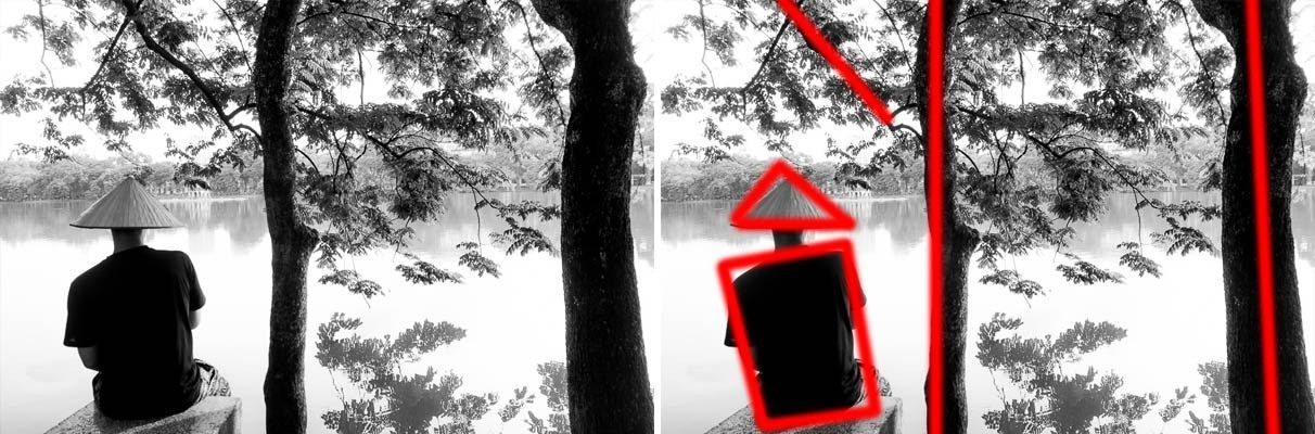 The lakeside photo reduced to red outlines: a triangle for the hat, a rectangle for the body and two vertical lines for the tree trunks
