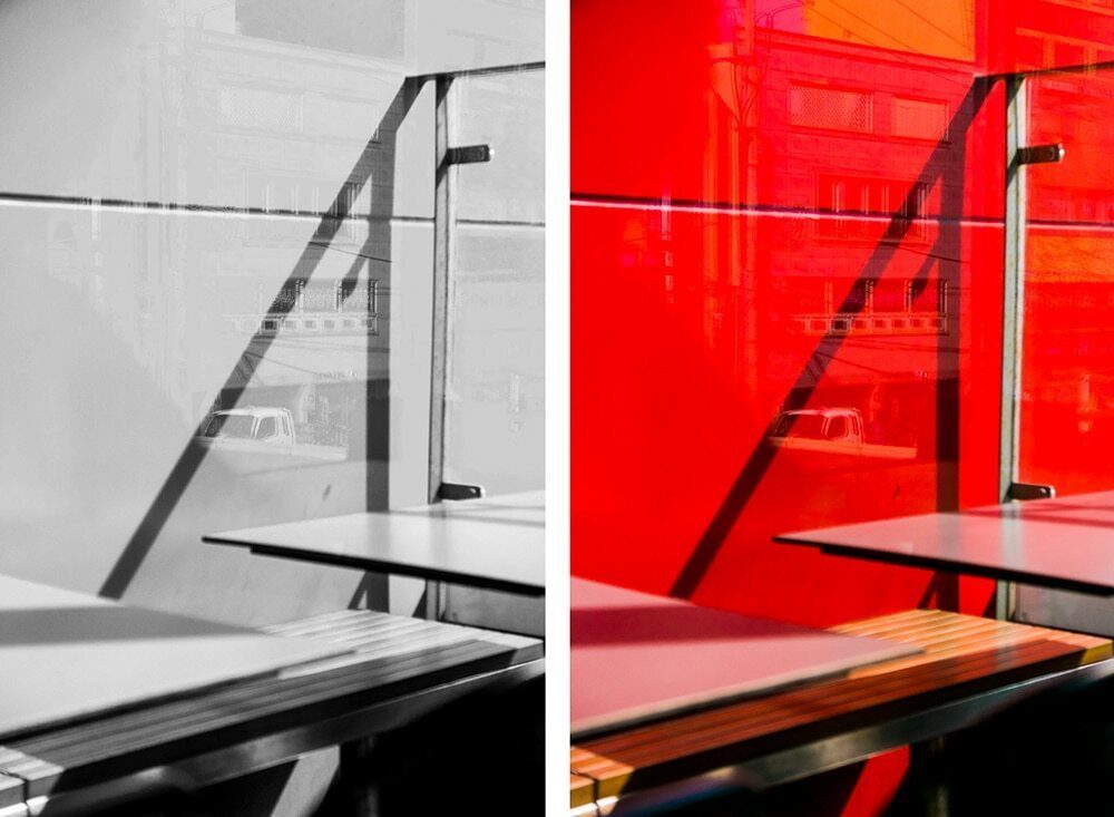The same street photograph shown side by side in black and white and in color with a strong red wall