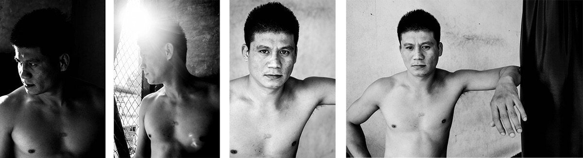 Four black and white frames of the same shirtless man, from different angles and distances